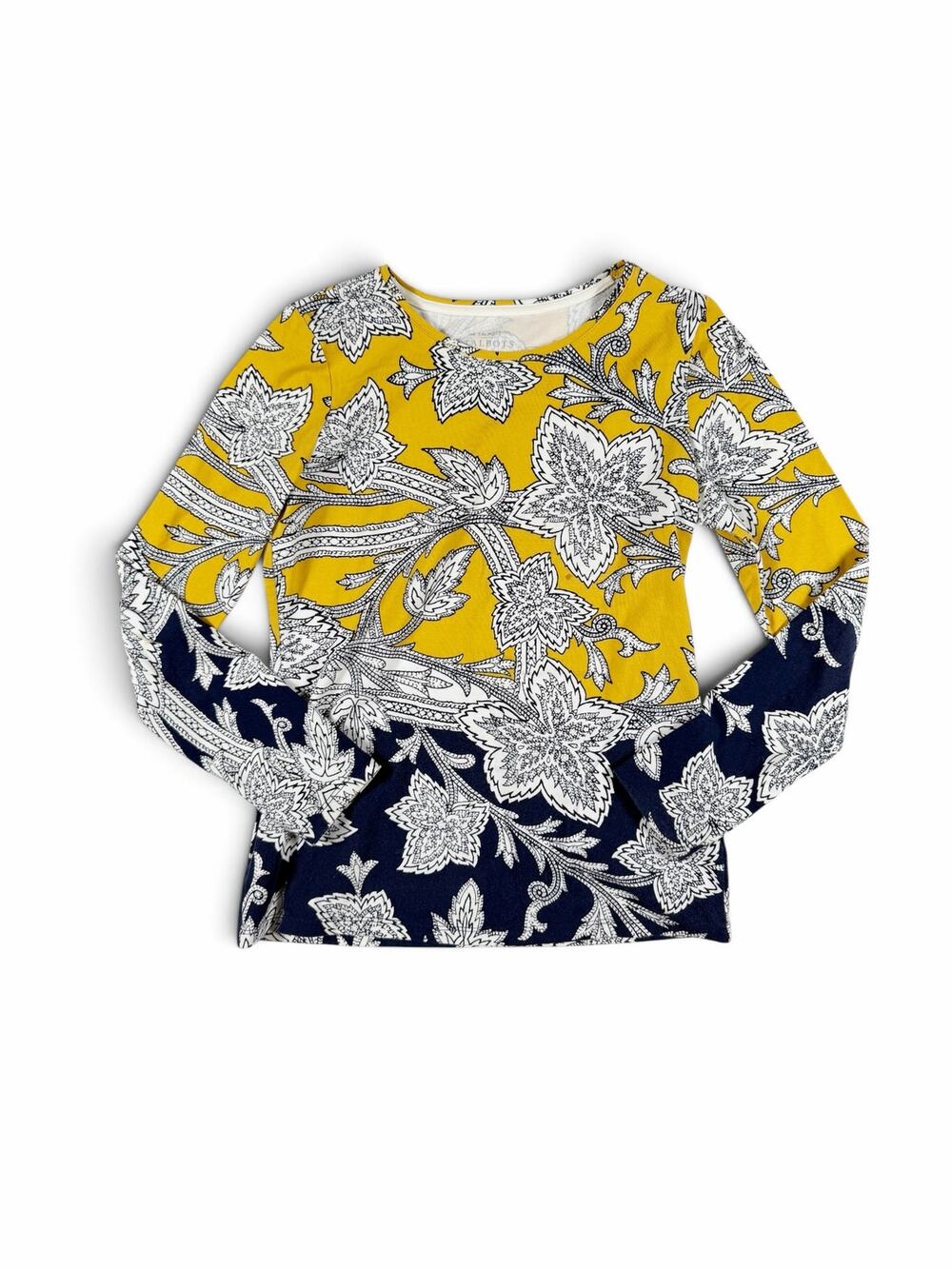 Talbots Women’s Petite Floral Colorblock Long Sleeve Tee Yellow Navy Petite P
